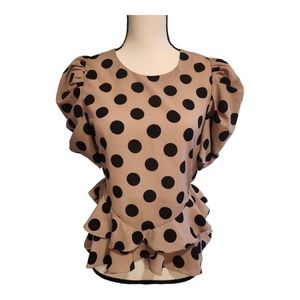 MILK & HONEY Tan Black Polka Dot Puffy Short Sleeves Ruffle Peplum Blouse Size S
